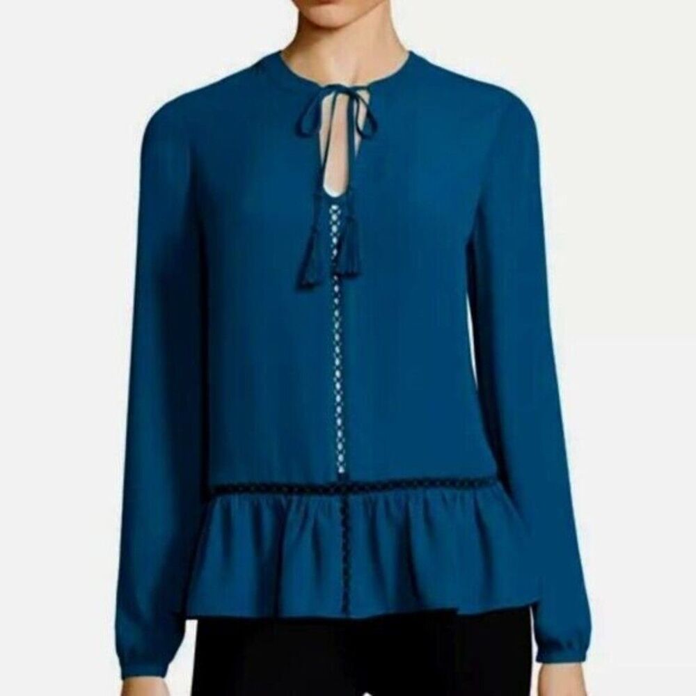 Teal Blue Peplum Ruffle Blouse Top Long Mini Lantern Sleeve Size SMALL